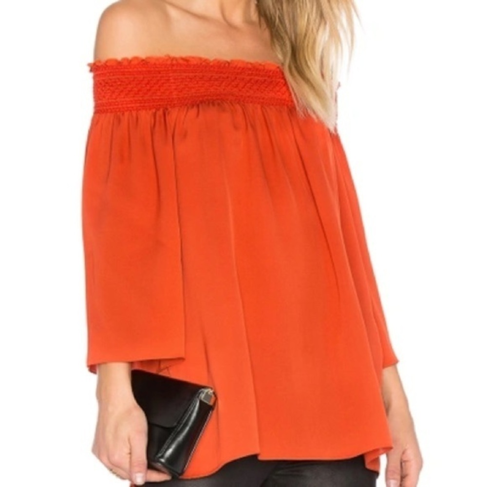 Theory Elistaire Off The Shoulder Silk Blouse in Paprika Size Large